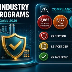 VelSafe infographic showing general industry safety program compliance data including OSHA 29 CFR 1910 citation statistics, IACET CEU training details, and workplace injury reduction metrics for 2026
