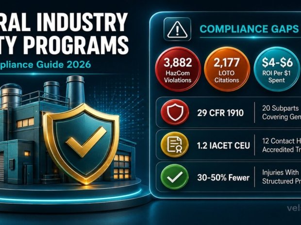 VelSafe infographic showing general industry safety program compliance data including OSHA 29 CFR 1910 citation statistics, IACET CEU training details, and workplace injury reduction metrics for 2026