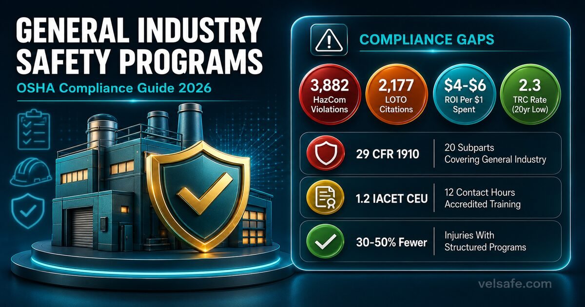 VelSafe infographic showing general industry safety program compliance data including OSHA 29 CFR 1910 citation statistics, IACET CEU training details, and workplace injury reduction metrics for 2026