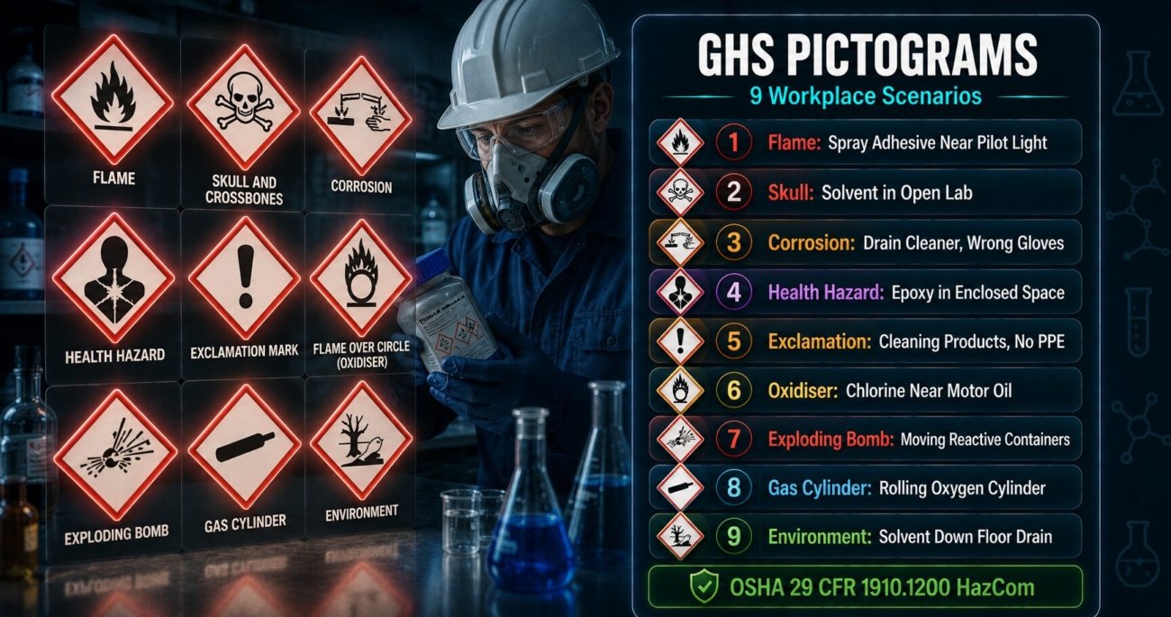 GHS pictogram workplace scenarios covering all nine hazard communication symbols including flame, skull, corrosion, health hazard and oxidiser with correct response guidance under OSHA HazCom