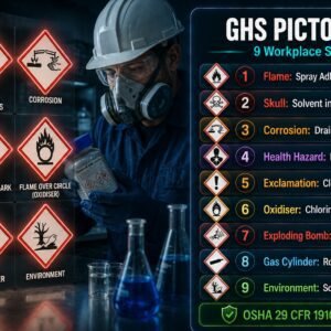 GHS pictogram workplace scenarios covering all nine hazard communication symbols including flame, skull, corrosion, health hazard and oxidiser with correct response guidance under OSHA HazCom