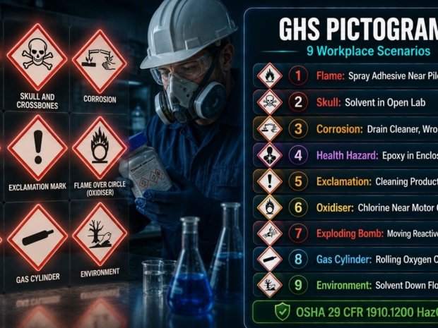 GHS pictogram workplace scenarios covering all nine hazard communication symbols including flame, skull, corrosion, health hazard and oxidiser with correct response guidance under OSHA HazCom