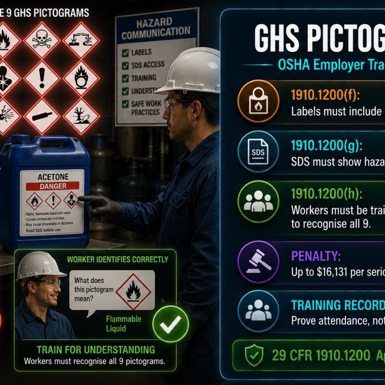 GHS pictogram law guide covering OSHA employer training obligations under 29 CFR 1910.1200 including the nine required pictograms, training timing, competency requirements and penalty exposure