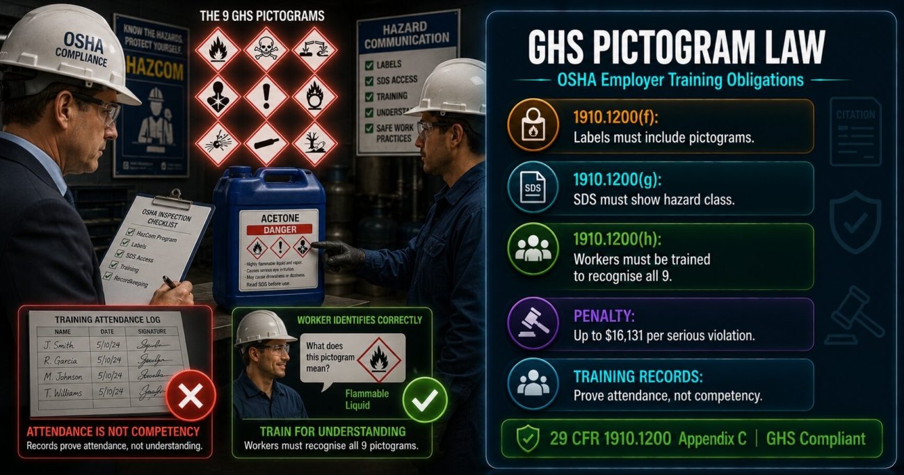 GHS pictogram law guide covering OSHA employer training obligations under 29 CFR 1910.1200 including the nine required pictograms, training timing, competency requirements and penalty exposure