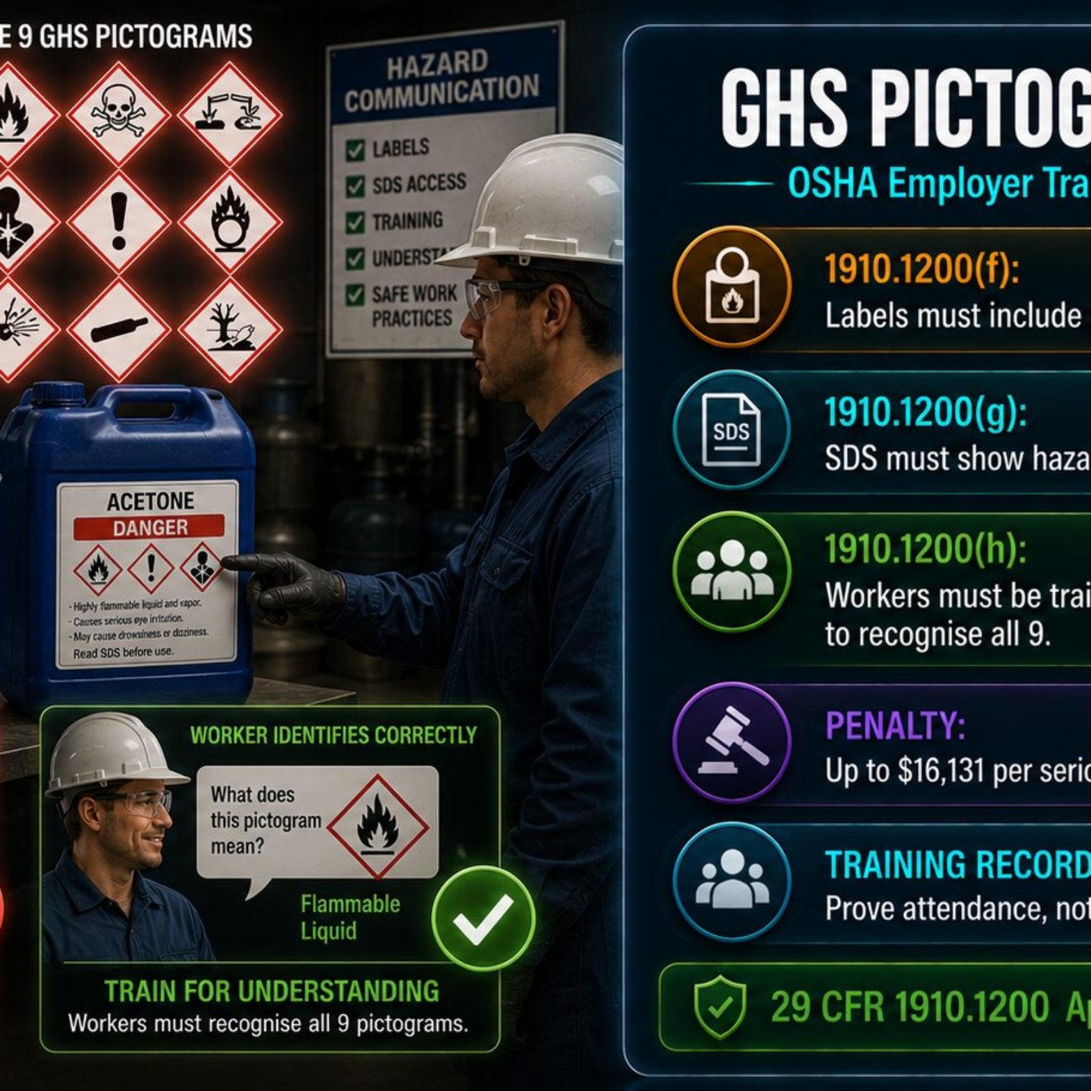 GHS pictogram law guide covering OSHA employer training obligations under 29 CFR 1910.1200 including the nine required pictograms, training timing, competency requirements and penalty exposure