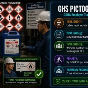 GHS pictogram law guide covering OSHA employer training obligations under 29 CFR 1910.1200 including the nine required pictograms, training timing, competency requirements and penalty exposure