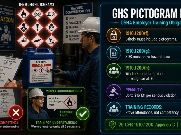 GHS pictogram law guide covering OSHA employer training obligations under 29 CFR 1910.1200 including the nine required pictograms, training timing, competency requirements and penalty exposure