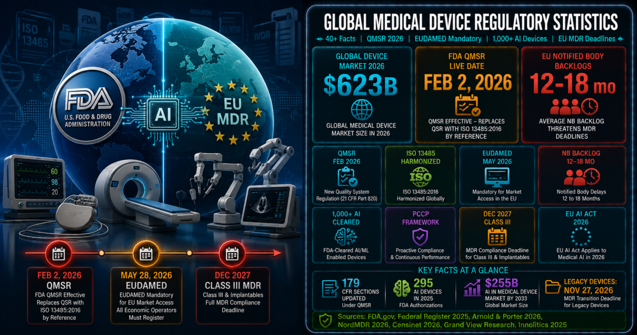 Global medical device regulatory strategy statistics infographic showing $623 billion global device market in 2026, FDA QMSR effective February 2, 2026 replacing QSR with ISO 13485:2016 by reference, EUDAMED mandatory for EU market access from May 28, 2026, 12 to 18 month notified body backlogs threatening December 2027 Class III MDR deadlines, and over 1,000 FDA-cleared AI medical devices with 295 authorizations in 2025 alone.