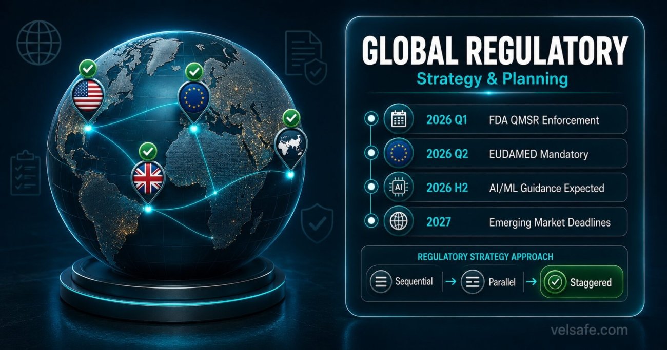 Global regulatory strategy planning dashboard showing FDA QMSR, EUDAMED, and medical device market access timeline