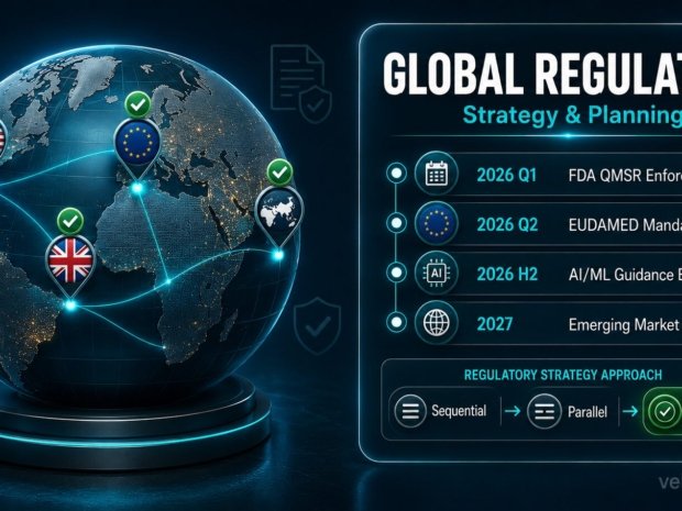 Global regulatory strategy planning dashboard showing FDA QMSR, EUDAMED, and medical device market access timeline