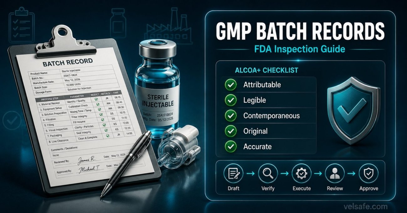 GMP batch record compliance guide showing ALCOA+ data integrity checklist and FDA inspection readiness framework