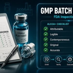 GMP batch record compliance guide showing ALCOA+ data integrity checklist and FDA inspection readiness framework