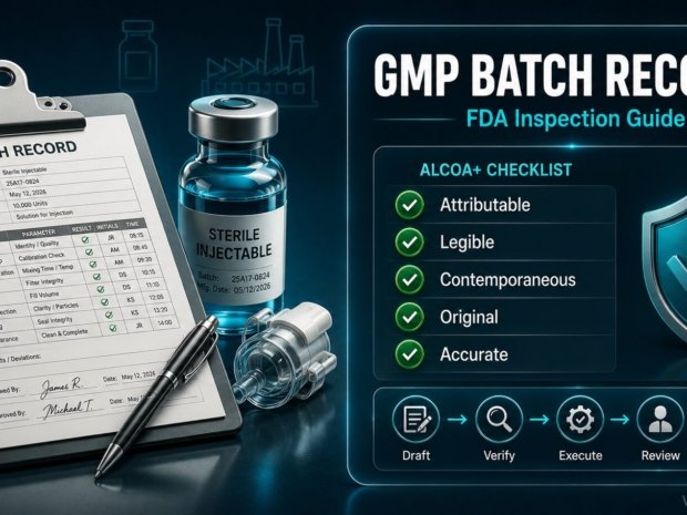 GMP batch record compliance guide showing ALCOA+ data integrity checklist and FDA inspection readiness framework