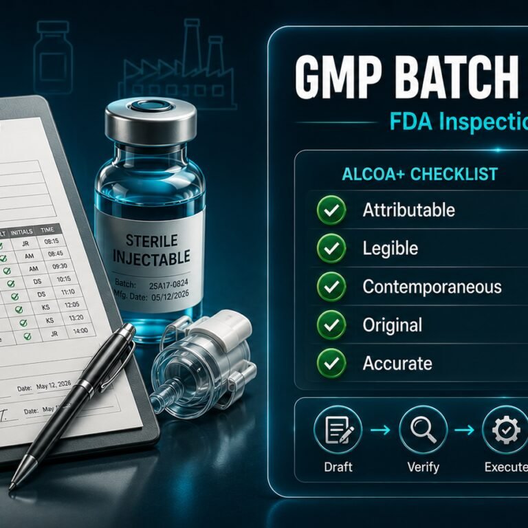 GMP batch record compliance guide showing ALCOA+ data integrity checklist and FDA inspection readiness framework