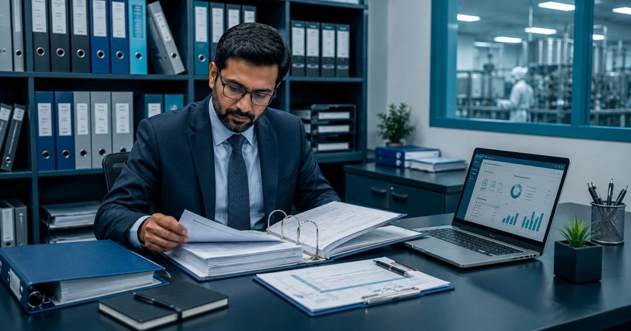 Quality assurance manager reviewing FDA Part 111 GMP records and batch documentation for dietary supplement manufacturing compliance