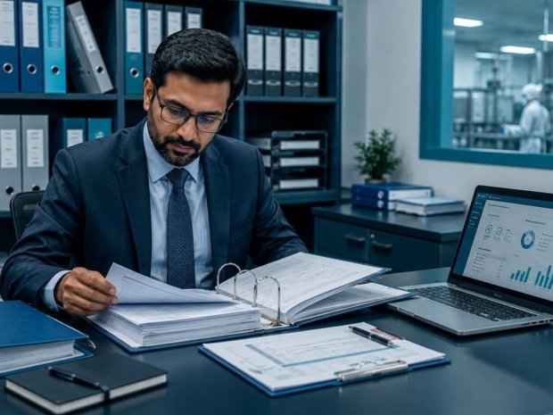 Quality assurance manager reviewing FDA Part 111 GMP records and batch documentation for dietary supplement manufacturing compliance