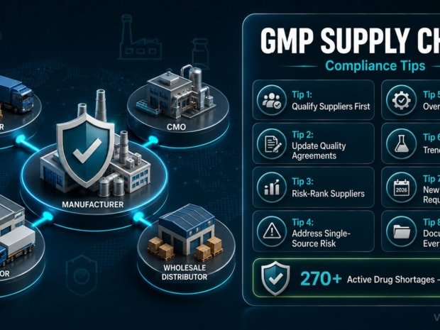 GMP supply chain quality compliance tips covering supplier qualification, quality agreements, single-source risk and 2026 regulatory requirements