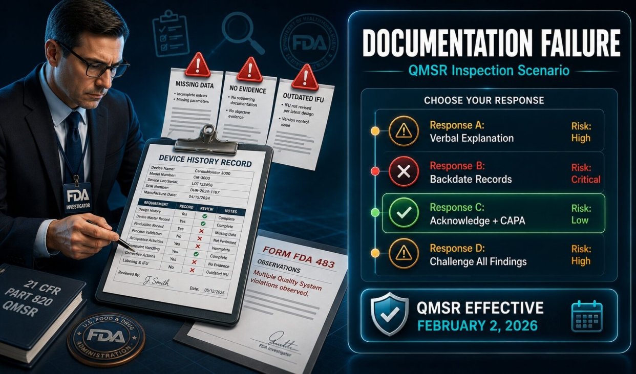 Medical device manufacturer FDA inspection showing documentation failures and QMSR good documentation practices decision framework