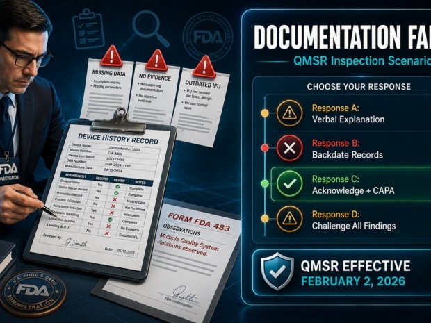 Medical device manufacturer FDA inspection showing documentation failures and QMSR good documentation practices decision framework