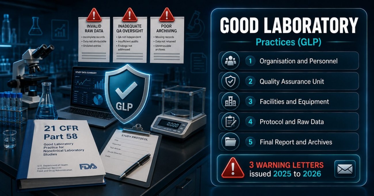 Good Laboratory Practice GLP compliance under 21 CFR Part 58 showing five core requirements and FDA enforcement obligations for testing facilities and sponsors