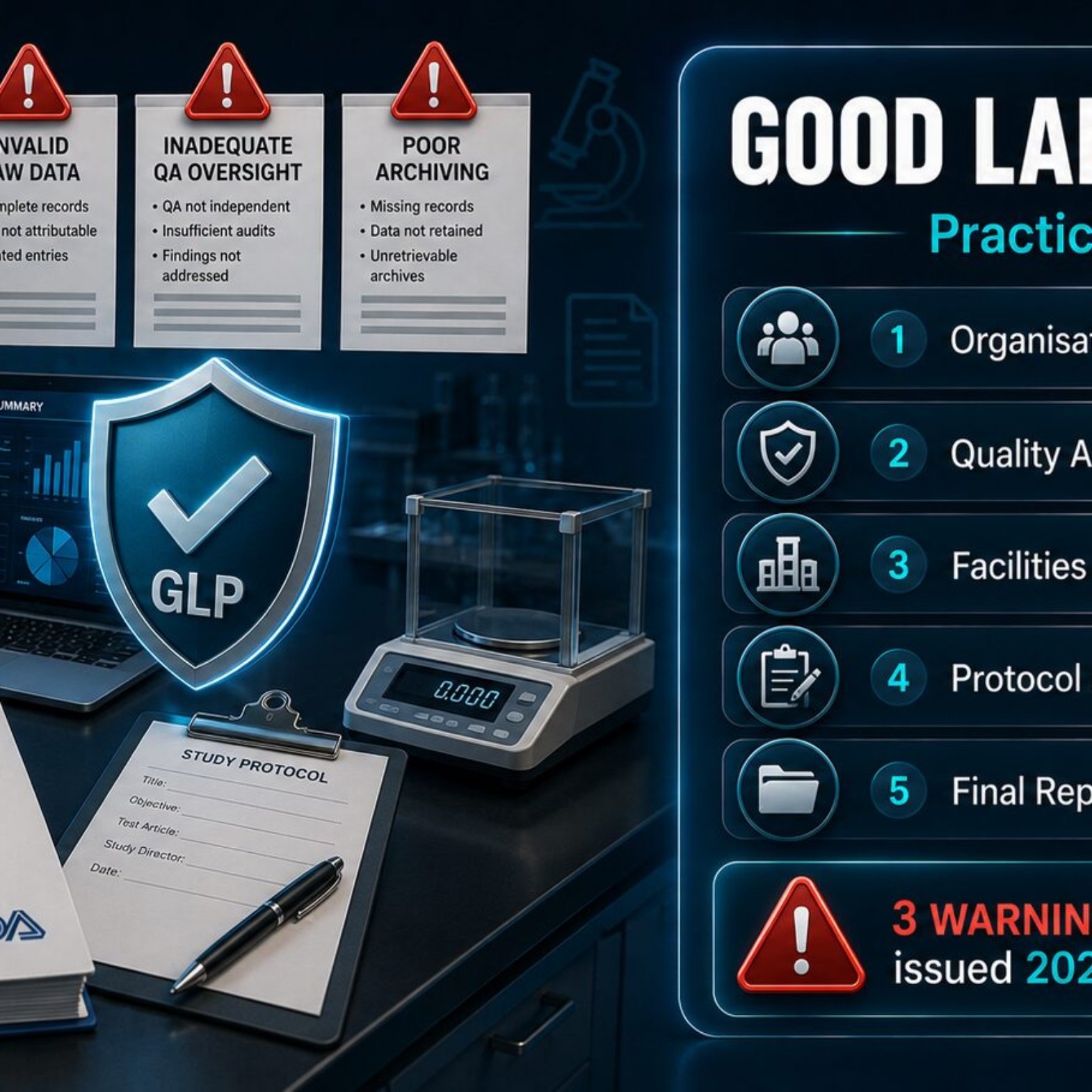 Good Laboratory Practice GLP compliance under 21 CFR Part 58 showing five core requirements and FDA enforcement obligations for testing facilities and sponsors