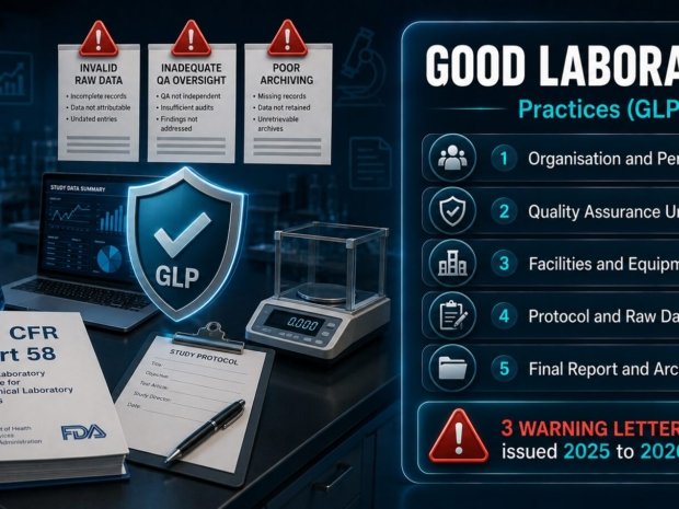 Good Laboratory Practice GLP compliance under 21 CFR Part 58 showing five core requirements and FDA enforcement obligations for testing facilities and sponsors