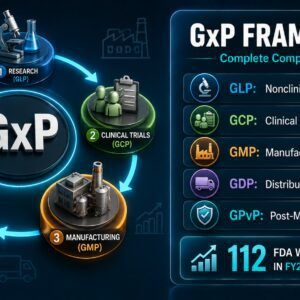 GxP framework guide showing GMP GLP GCP GDP and GPvP good practice regulations mapped across the pharmaceutical and medical device product lifecycle