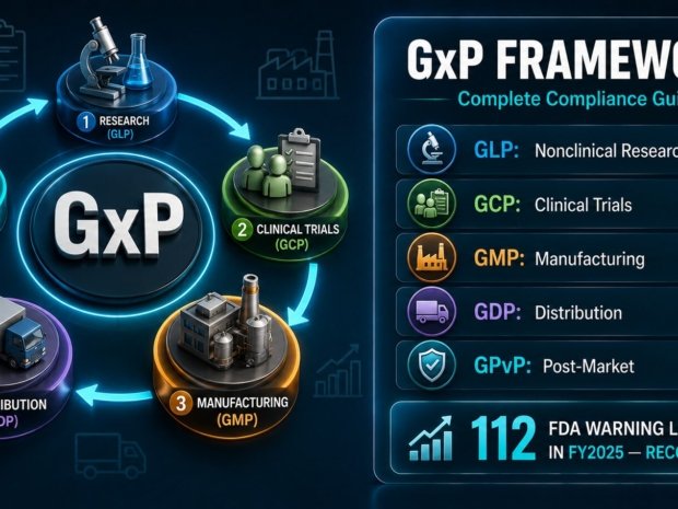 GxP framework guide showing GMP GLP GCP GDP and GPvP good practice regulations mapped across the pharmaceutical and medical device product lifecycle