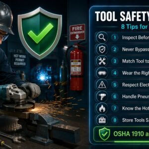 Hand and power tool safety awareness tips covering inspection, guards, PPE, electrical safety, pneumatic tools, hot work and safe storage practices