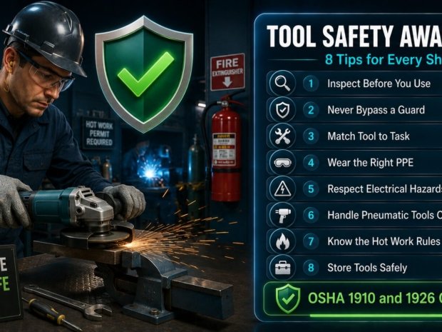 Hand and power tool safety awareness tips covering inspection, guards, PPE, electrical safety, pneumatic tools, hot work and safe storage practices