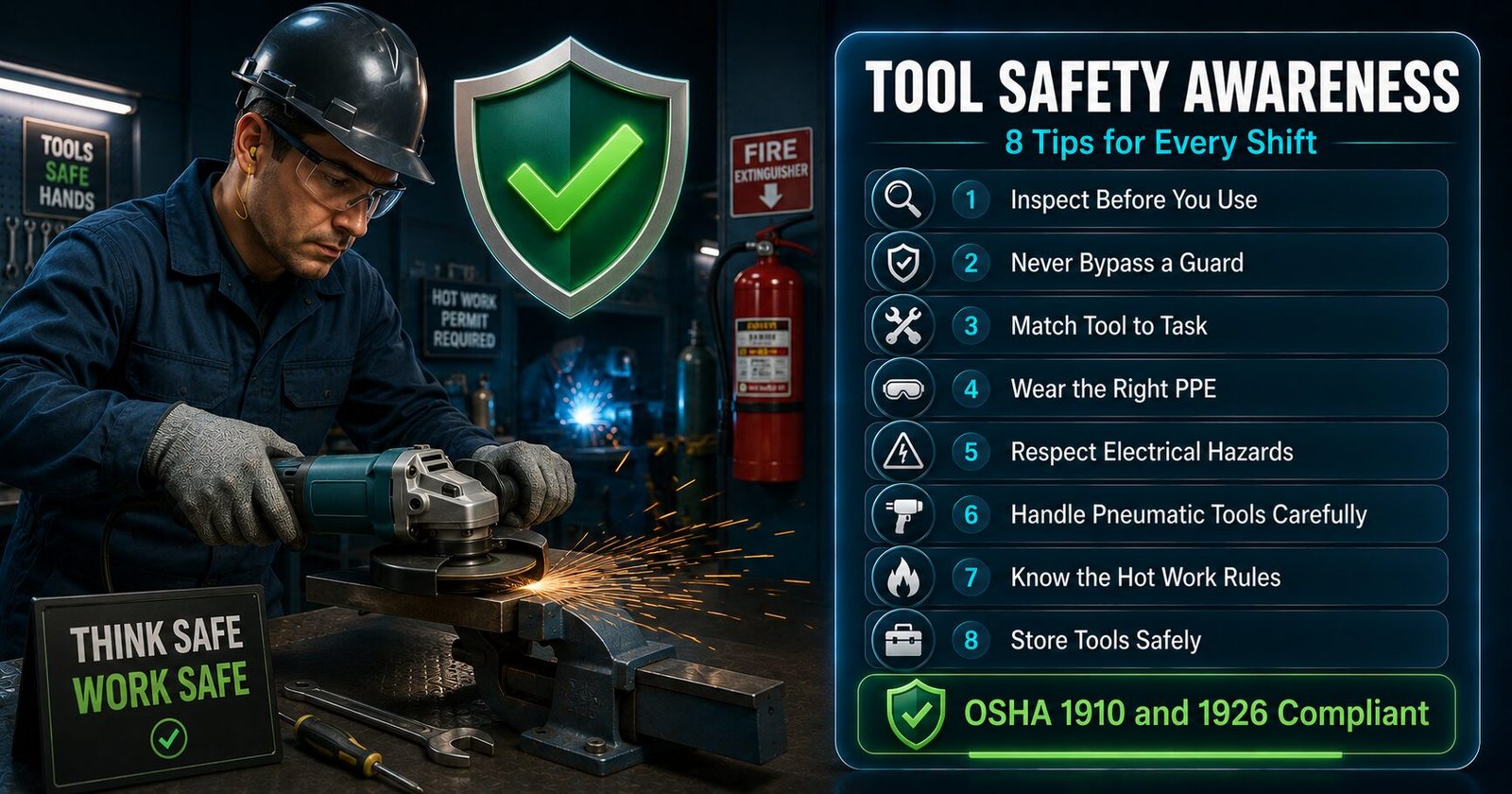 Hand and power tool safety awareness tips covering inspection, guards, PPE, electrical safety, pneumatic tools, hot work and safe storage practices
