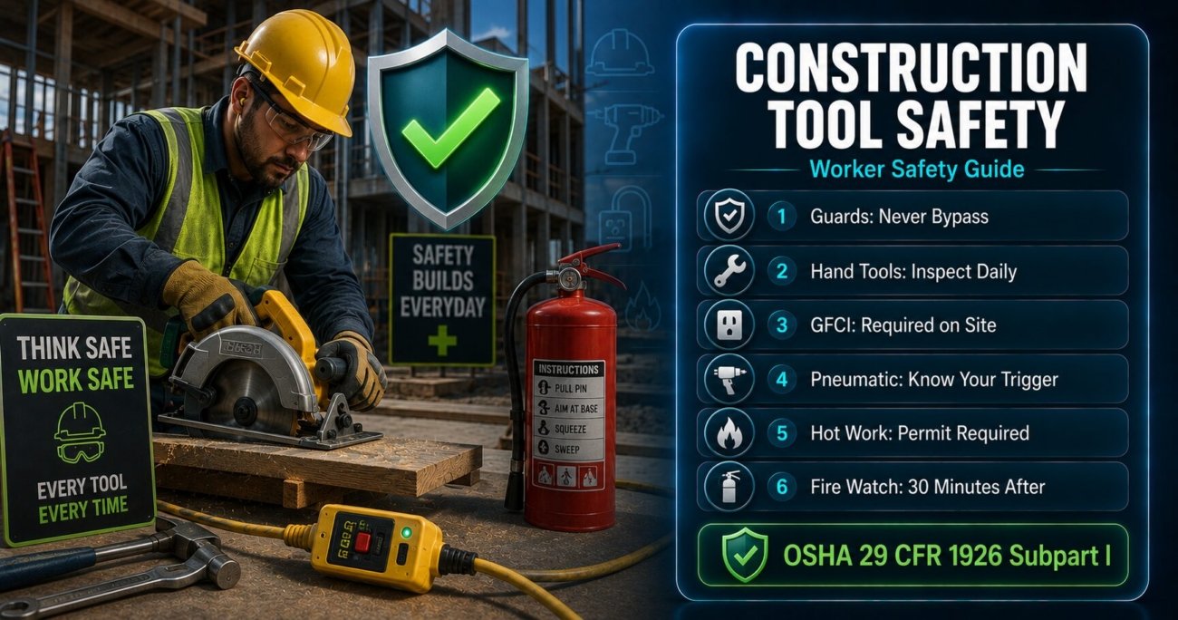 Construction worker hand and power tool safety guide covering OSHA 1926 guard requirements, GFCI protection, pneumatic nail gun safety and hot work fire watch rules