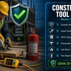 Construction worker hand and power tool safety guide covering OSHA 1926 guard requirements, GFCI protection, pneumatic nail gun safety and hot work fire watch rules