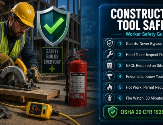 Construction worker hand and power tool safety guide covering OSHA 1926 guard requirements, GFCI protection, pneumatic nail gun safety and hot work fire watch rules