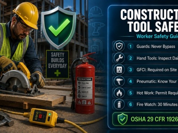 Construction worker hand and power tool safety guide covering OSHA 1926 guard requirements, GFCI protection, pneumatic nail gun safety and hot work fire watch rules