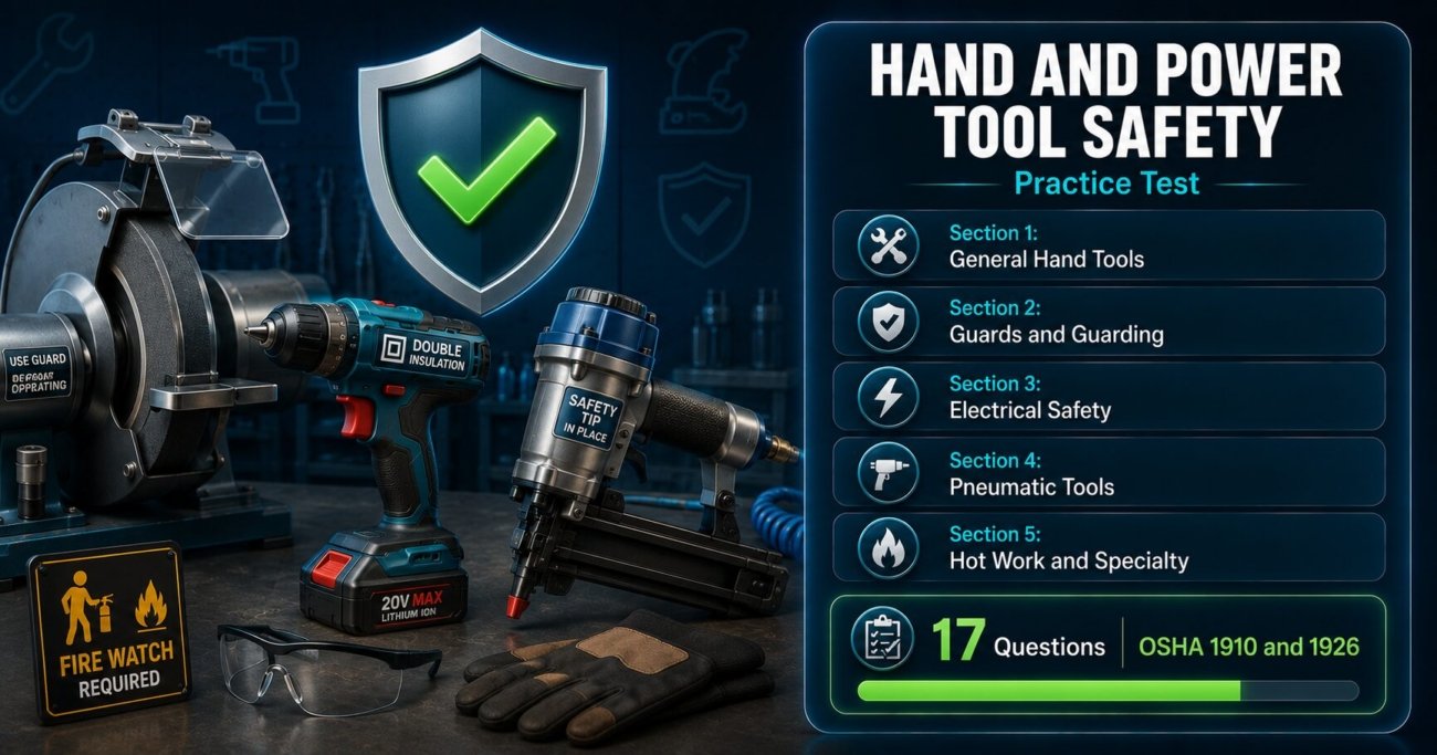 Hand and power tool safety practice test covering OSHA 1910 and 1926 requirements for guards, PPE, electrical safety, pneumatic tools and fire watch obligations