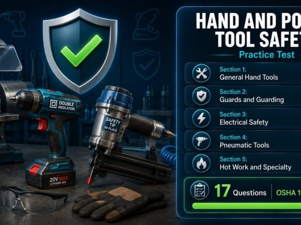 Hand and power tool safety practice test covering OSHA 1910 and 1926 requirements for guards, PPE, electrical safety, pneumatic tools and fire watch obligations