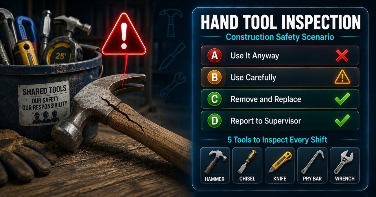 Construction hand tool safety scenario showing cracked hammer handle decision point and tool inspection checklist for five common tools