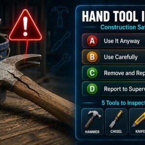 Construction hand tool safety scenario showing cracked hammer handle decision point and tool inspection checklist for five common tools
