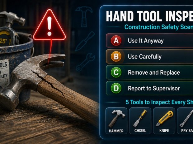 Construction hand tool safety scenario showing cracked hammer handle decision point and tool inspection checklist for five common tools