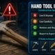 Construction hand tool safety scenario showing cracked hammer handle decision point and tool inspection checklist for five common tools