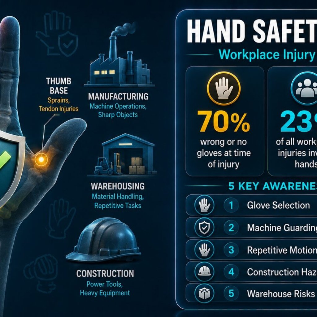 Hand wrist and finger workplace safety insights showing injury statistics, glove selection failures, machine guarding gaps and prevention data for 2025 and 2026