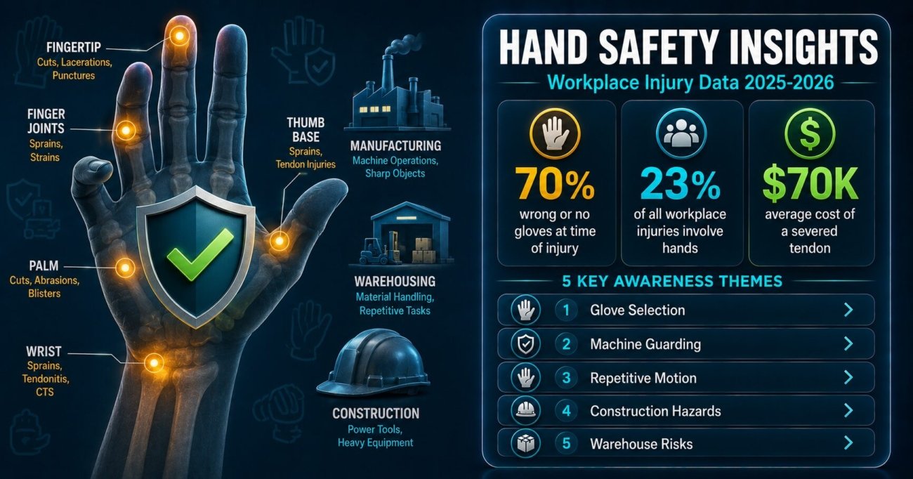 Hand wrist and finger workplace safety insights showing injury statistics, glove selection failures, machine guarding gaps and prevention data for 2025 and 2026