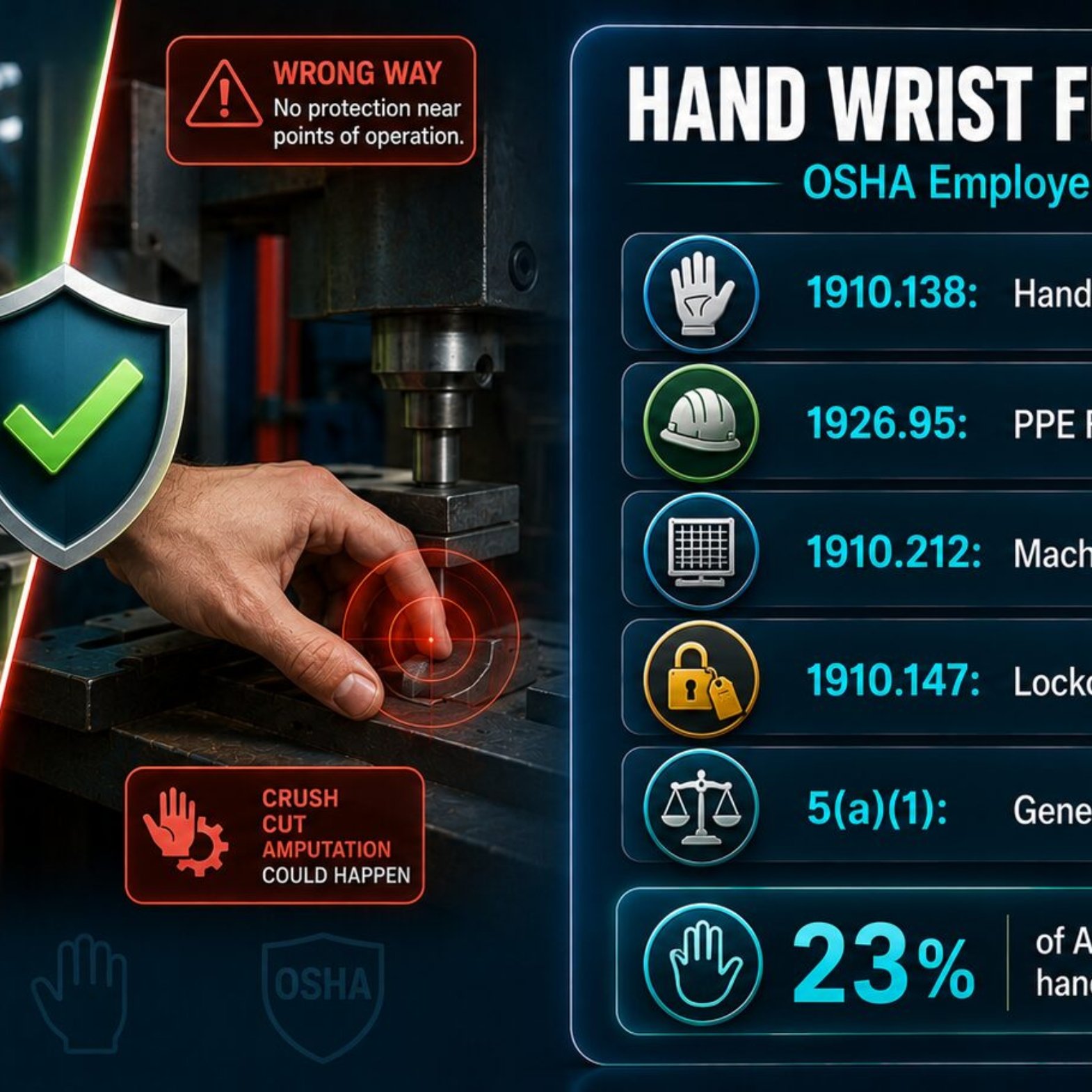 OSHA hand wrist and finger safety employer obligations covering hand protection requirements, machine guarding, lockout tagout and the General Duty Clause