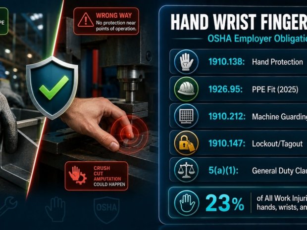 OSHA hand wrist and finger safety employer obligations covering hand protection requirements, machine guarding, lockout tagout and the General Duty Clause
