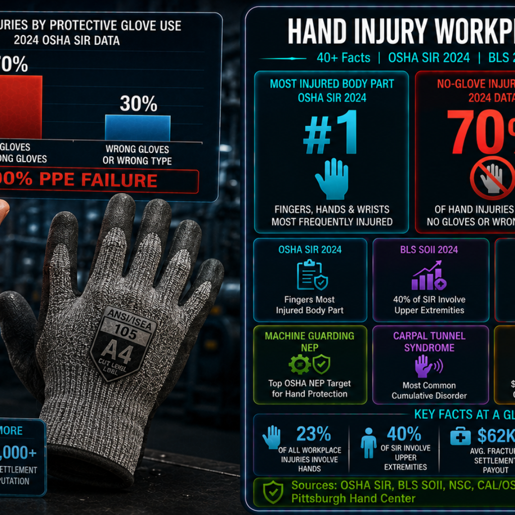 Hand wrist and finger workplace injury statistics infographic showing fingers as the most frequently injured body part in 2024 OSHA severe injury reports, 70% of hand injuries involve no gloves or wrong glove type, one million workers requiring annual ER care for hand injuries, and the January 2025 OSHA amendment explicitly requiring PPE to properly fit each individual worker.
