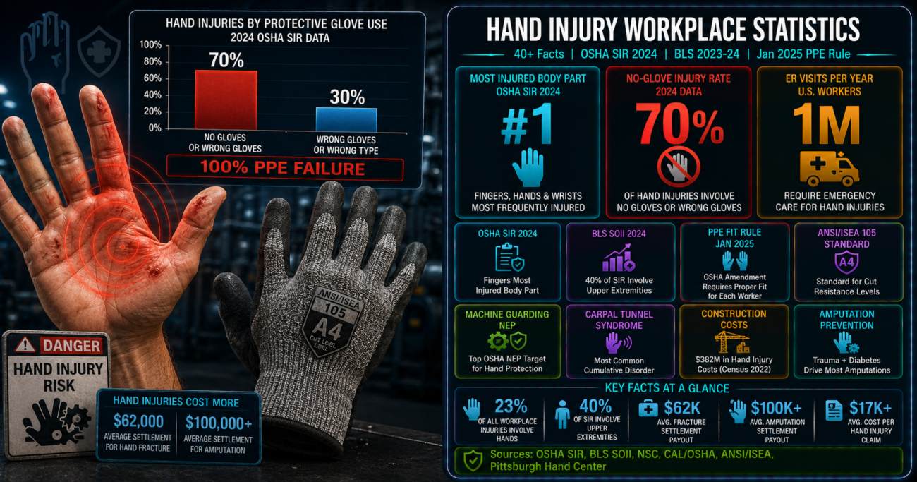 Hand wrist and finger workplace injury statistics infographic showing fingers as the most frequently injured body part in 2024 OSHA severe injury reports, 70% of hand injuries involve no gloves or wrong glove type, one million workers requiring annual ER care for hand injuries, and the January 2025 OSHA amendment explicitly requiring PPE to properly fit each individual worker.