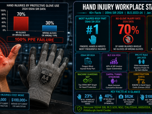 Hand wrist and finger workplace injury statistics infographic showing fingers as the most frequently injured body part in 2024 OSHA severe injury reports, 70% of hand injuries involve no gloves or wrong glove type, one million workers requiring annual ER care for hand injuries, and the January 2025 OSHA amendment explicitly requiring PPE to properly fit each individual worker.