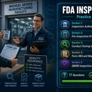 FDA inspection practice test covering inspection authority, Form 483 responses, Warning Letters, QMSR compliance program 7382.850 and medical device inspection preparation