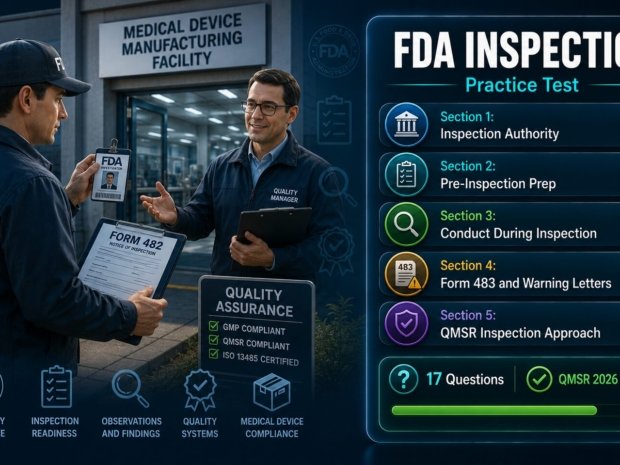 FDA inspection practice test covering inspection authority, Form 483 responses, Warning Letters, QMSR compliance program 7382.850 and medical device inspection preparation
